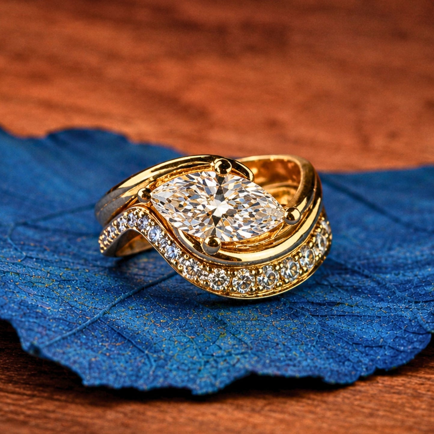 marquise east west moissanite engagement ring set gold wedding bridal set