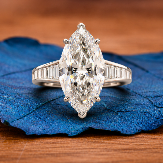 Marquise Lab Grown Engagement Ring Cannel Set Baguette Wedding Ring