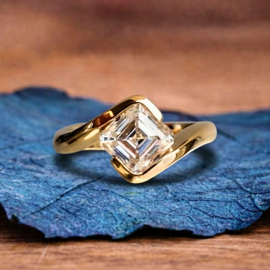Asscher Cut Moissanite Engagement Ring Half Bezel East West Wedding Ring