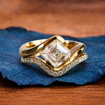 Asscher Lab Grown Engagement Ring Set East West Half Bezel Wedding Bridal Set