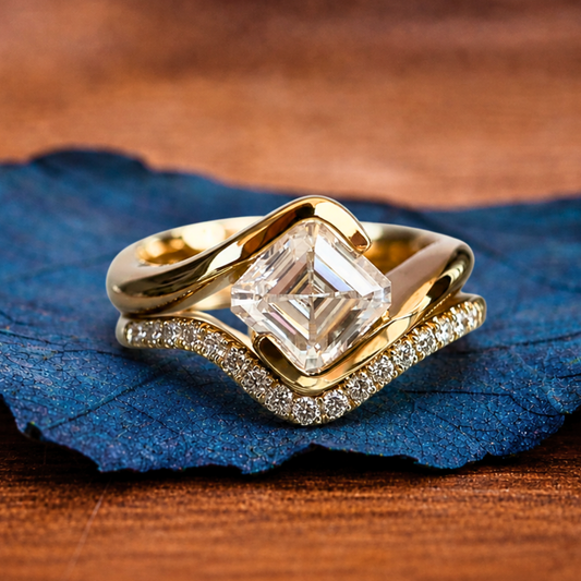 Asscher Lab Grown Engagement Ring Set East West Half Bezel Wedding Bridal Set