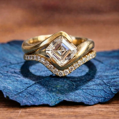 Asscher Lab Grown Engagement Ring Set East West Half Bezel Wedding Bridal Set