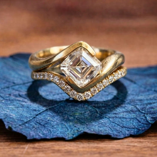 Asscher Moissanite Engagement Ring Set East West Half Bezel Wedding Bridal Set
