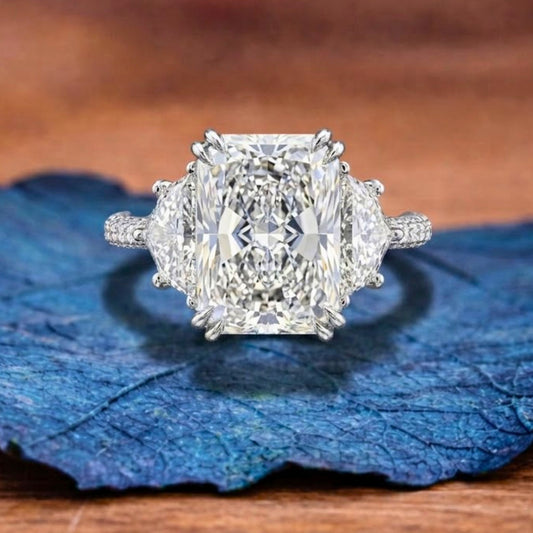 Radiant Three Stone Lab Grown Engagement Ring Past Preset Future Wedding Ring