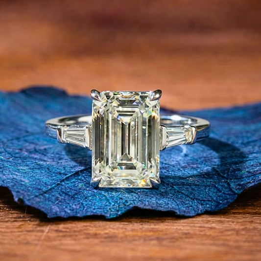 Emerald Three Stone Lab Grown Engagement Ring Past Present Future Wedding Ring