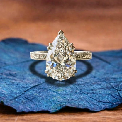 Double Claw Prong Pear Lab Grown Engagement Ring Hidden Halo Gold Wedding Engraved Band Ring