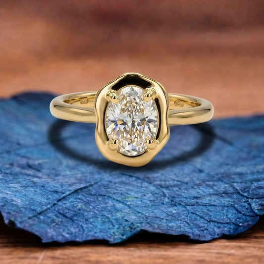Oval Cut Bezel Set Moissanite Engagement Ring Solitaire Unique Wedding Ring Total  Diamond