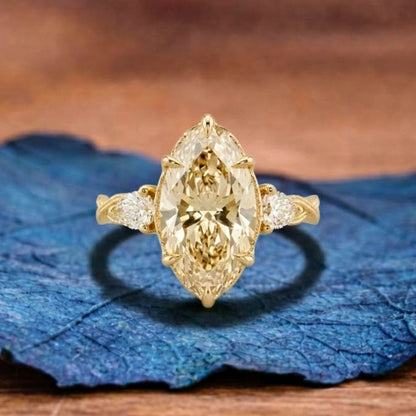 Marquise Lab Three Stone Moissanite Engagement Ring Vintage Inspired Wedding Ring