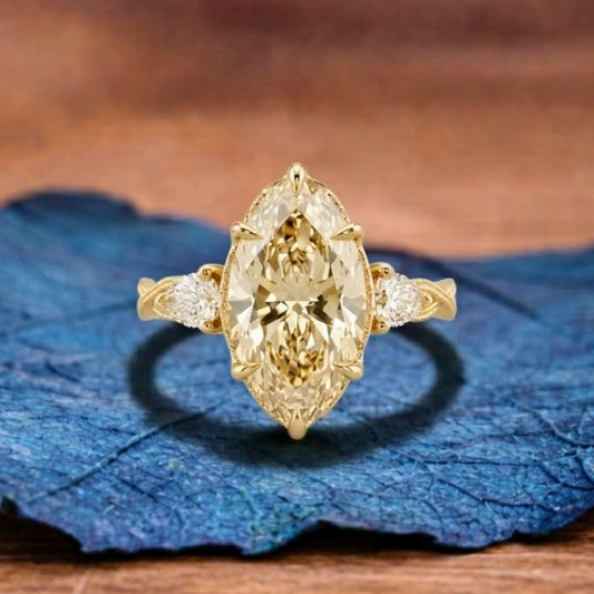 Marquise Lab Three Stone Lab Grown Engagement Ring Vintage Inspired Wedding Ring