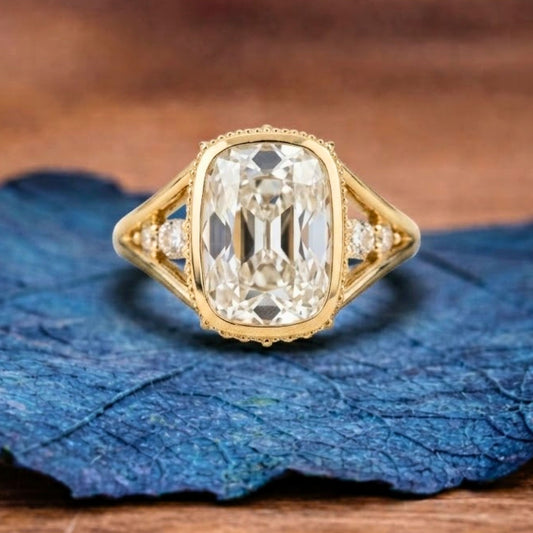 Old Mine Elongated Cushion Moissanite Engagement Ring Bezel Set Vintage Inspired Ring
