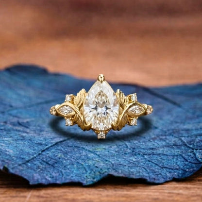Pear Cut Lab Grown Engagement Ring Art Deco Gold Wedding Ring
