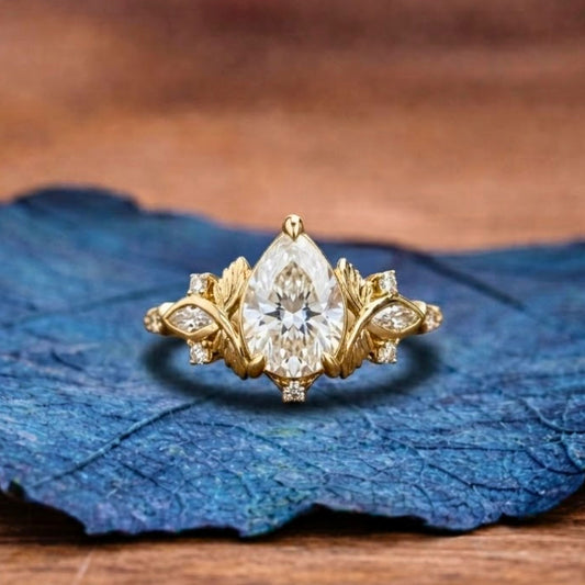 Pear Cut Moissanite Engagement Ring Art Deco Gold Wedding Ring