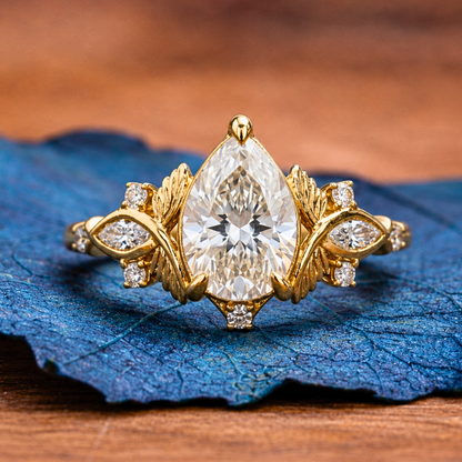 Pear Cut Lab Grown Engagement Ring Art Deco Gold Wedding Ring