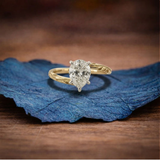 Bypass  Pear Moissanite Diamond Engagement Ring Yellow Gold Engraved Band Vintage Solitaire Luxury