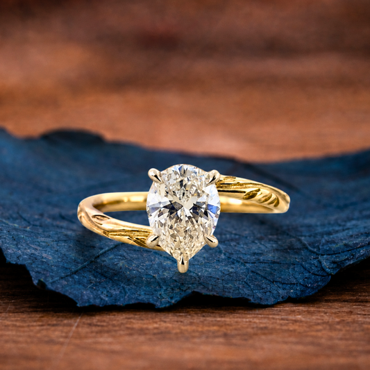 Bypass  Pear Moissanite Diamond Engagement Ring Yellow Gold Engraved Band Vintage Solitaire Luxury