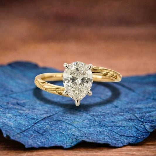 Bypass  Pear Moissanite Diamond Engagement Ring Yellow Gold Engraved Band Vintage Solitaire Luxury