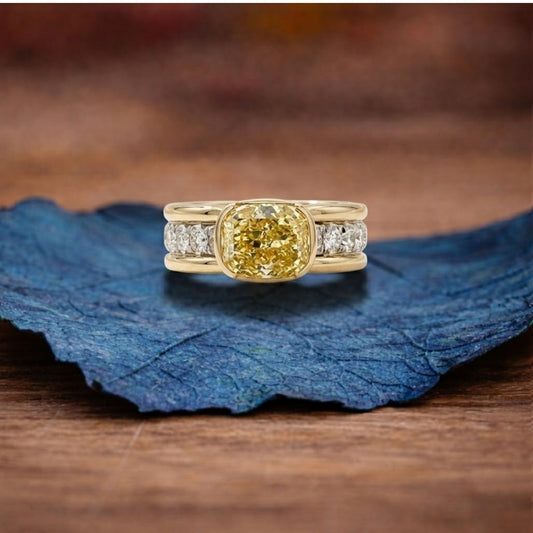 East West Yellow Cushion Moissanite Engagement Ring Half Bezel Solid Gold Wedding Ring