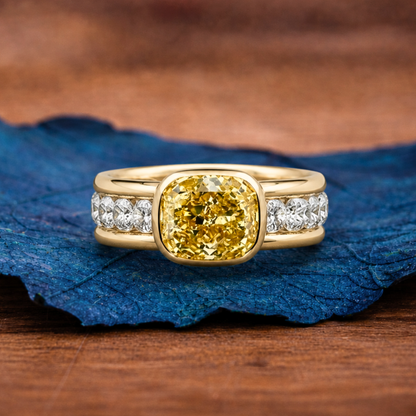 East West Yellow Cushion Lab Grown Engagement Ring Half Bezel Solid Gold Wedding Ring