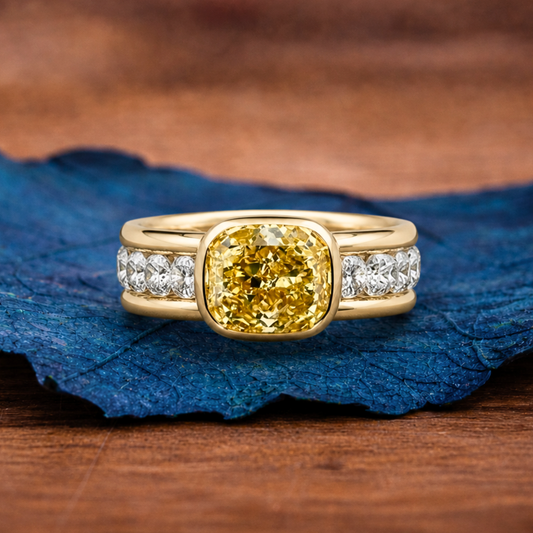 East West Yellow Cushion Moissanite Engagement Ring Half Bezel Solid Gold Wedding Ring
