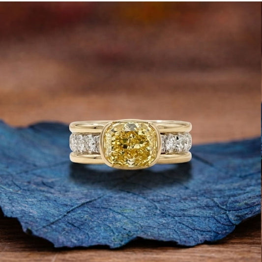 East West Yellow Cushion Moissanite Engagement Ring Half Bezel Solid Gold Wedding Ring