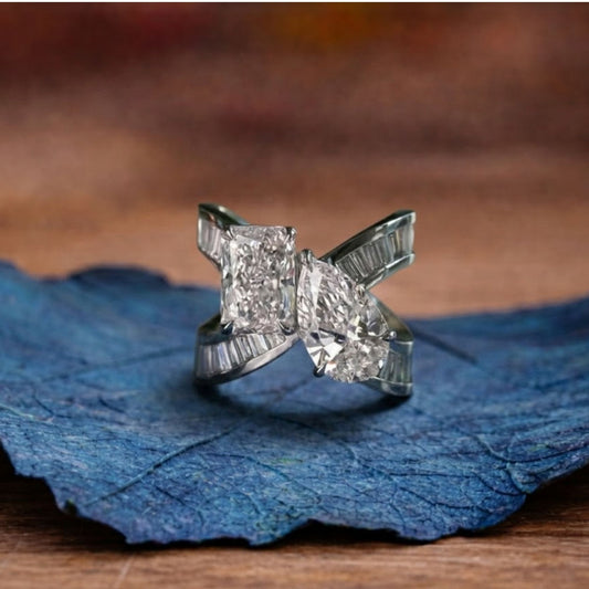 6.48 TCW Toi Et Moi Lab Grown Diamond Engagement Ring Radiant Pear Cut Baguette Band White Gold Wedding Ring