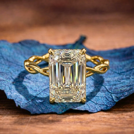 Twisted Band  Emerald Moissanite Hidden Halo Engagement Ring Gold Wedding Anniversary Ring