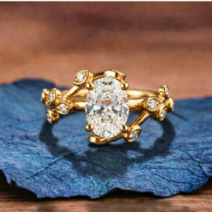 Leap Floral Oval Lab Grown Engagement Ring Art Deco Gold Vintage Wedding Ring