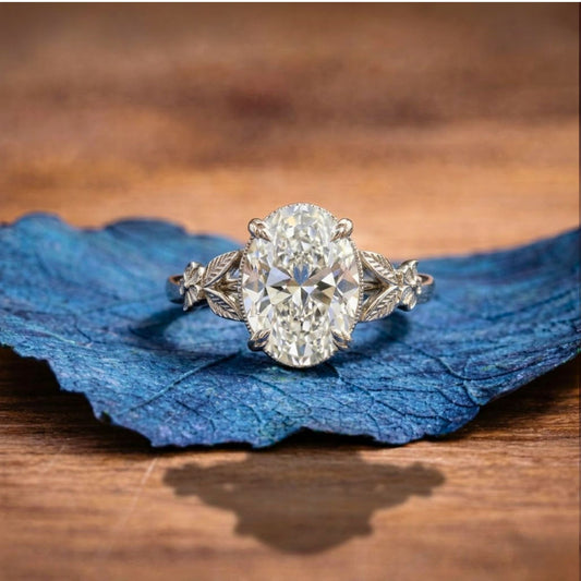 Oval Lab Grown Diamond Engagement Ring with Floral Leaf Art Deco Setting in White Gold