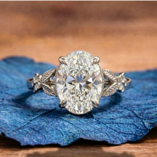 Oval Lab Grown Diamond Engagement Ring with Floral Leaf Art Deco Setting in White Gold