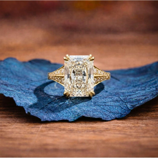 Radiant Cut Lab Grown Diamond Engagement Ring with Split Shank Art Deco Setting in Yellow Gold