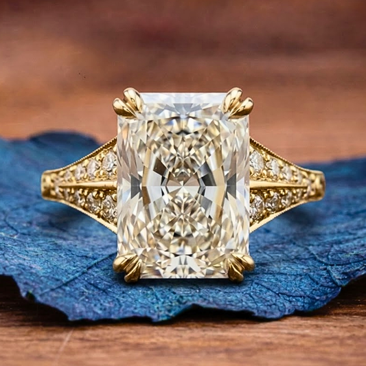 Radiant Cut Moissanite Diamond Engagement Ring with Split Shank Art Deco Setting in Yellow Gold
