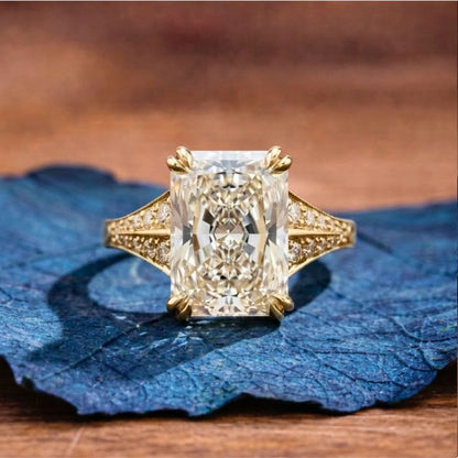 Radiant Cut Lab Grown Diamond Engagement Ring with Split Shank Art Deco Setting in Yellow Gold