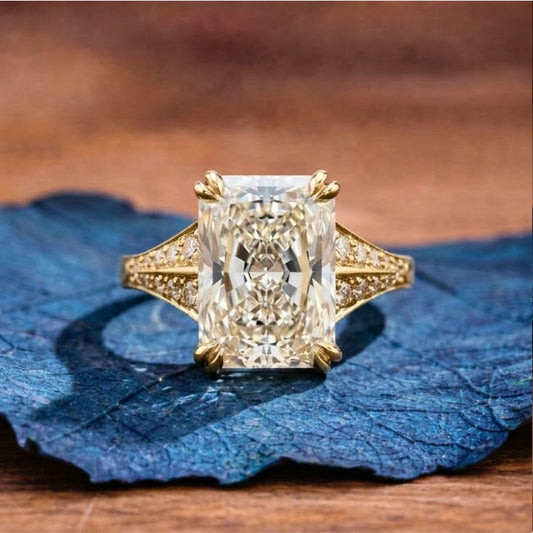 Radiant Cut Lab Grown Diamond Engagement Ring with Split Shank Art Deco Setting in Yellow Gold
