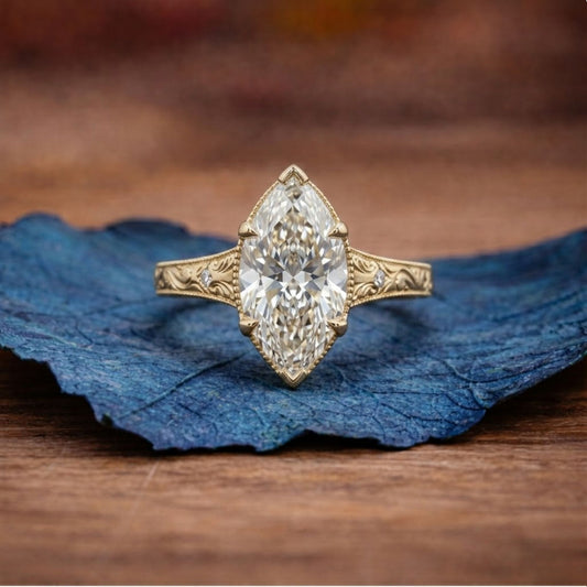 Marquise Lab Grown Diamond Engagement Ring Vintage Engraved Yellow Gold