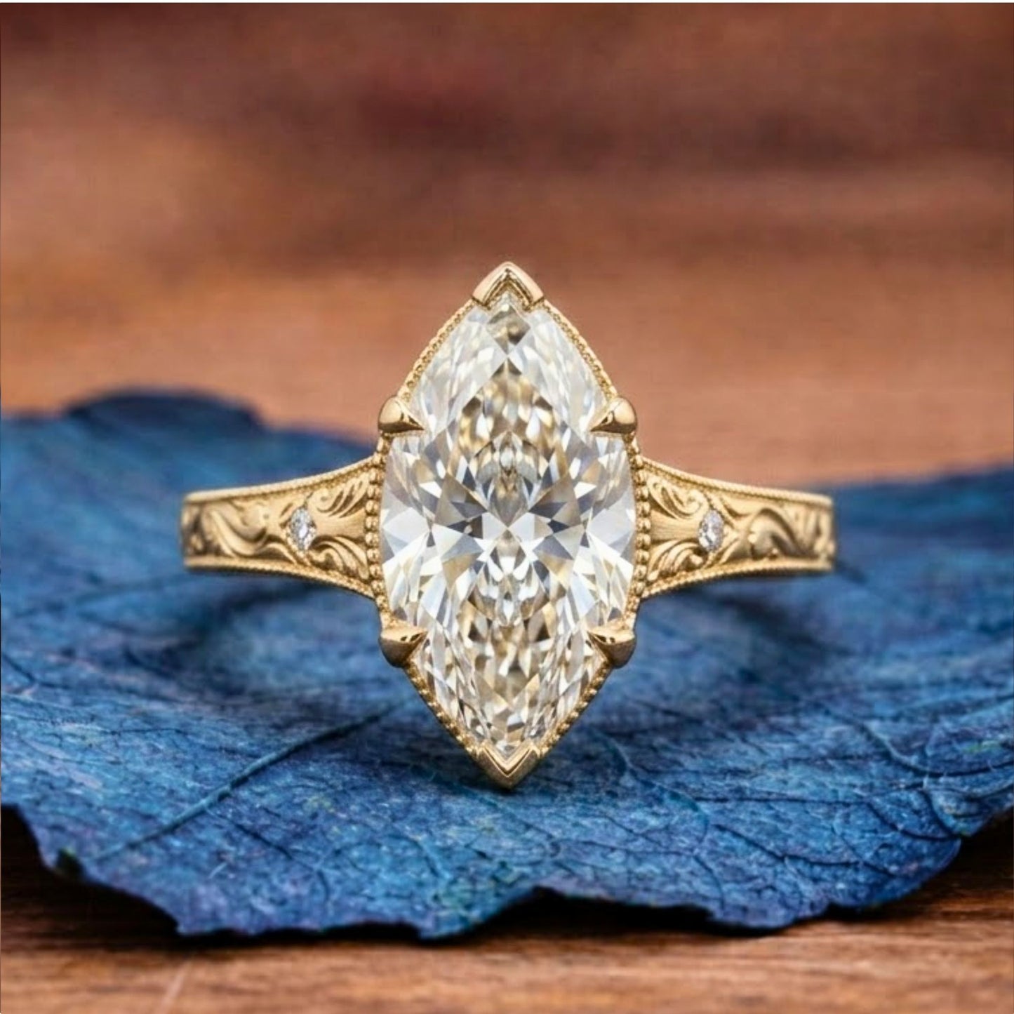 marquise moissanite diamond engagement ring vintage engraved yellow gold