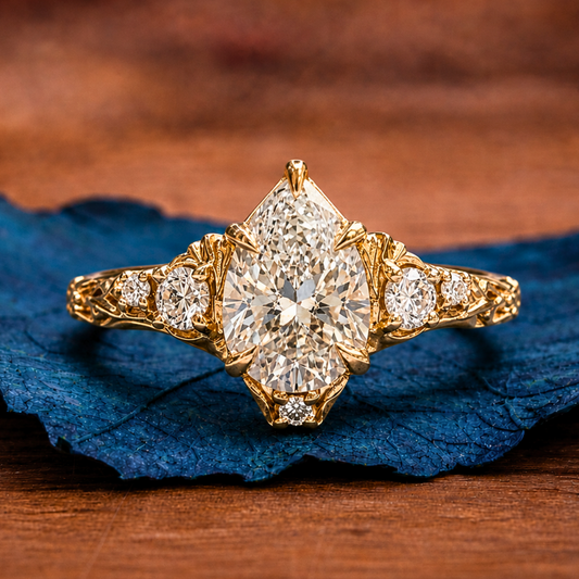 Vintage Pear Moissanite Art Deco Engagement Ring Cluster Gold Wedding Nature Inspired Ring