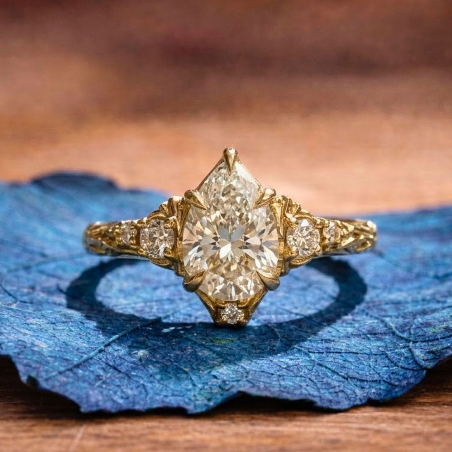 vintage pear lab grown art deco engagement ring cluster gold wedding nature inspired ring