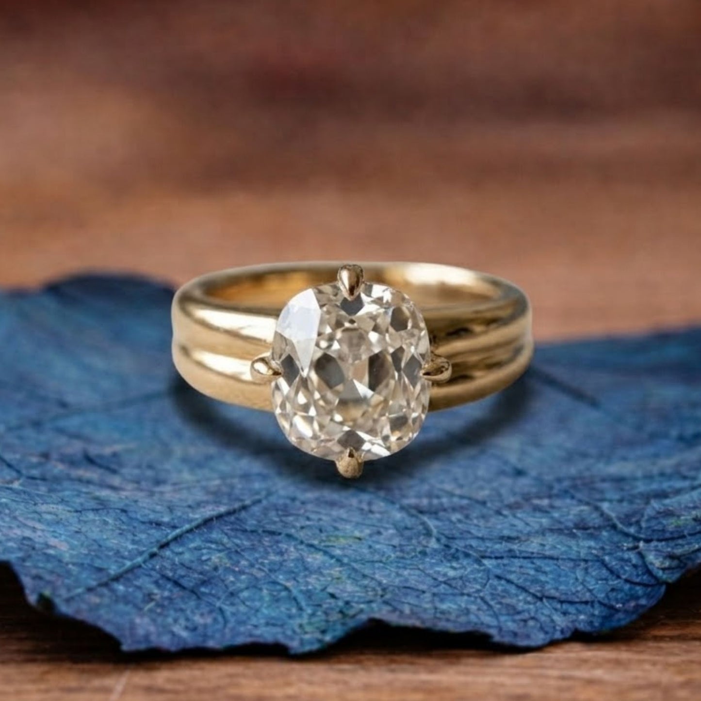old mine lab grown elongated cushion cut engagement ring in yellow gold, vintage-inspired solitaire diamond ring
