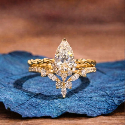 ArtDeco Pear Moissanite Engagement Ring Set Vintage Wedding  Bridal Anniversary Set