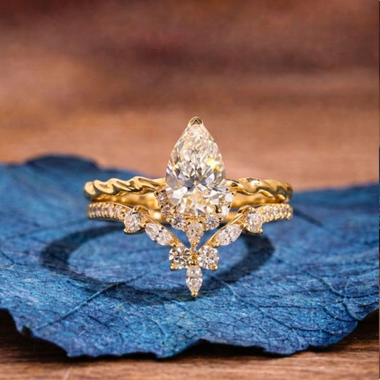 ArtDeco Pear Lab Grown Engagement Ring Set Vintage Wedding  Bridal Anniversary Set