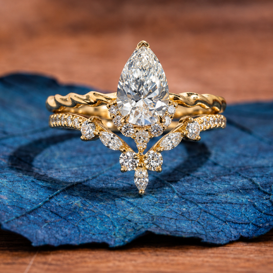 ArtDeco Pear Moissanite Engagement Ring Set Vintage Wedding  Bridal Anniversary Set