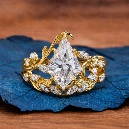 Artdeco Kite Moissanite Engagement Ring Set Vintage  Bridal Wedding Anniversary Set