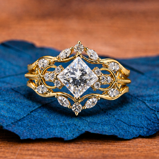 Art Deco Princess Moissanite Vintage Engagement Ring Set Bridal Wedding Nature Inspired Anniversary Sets