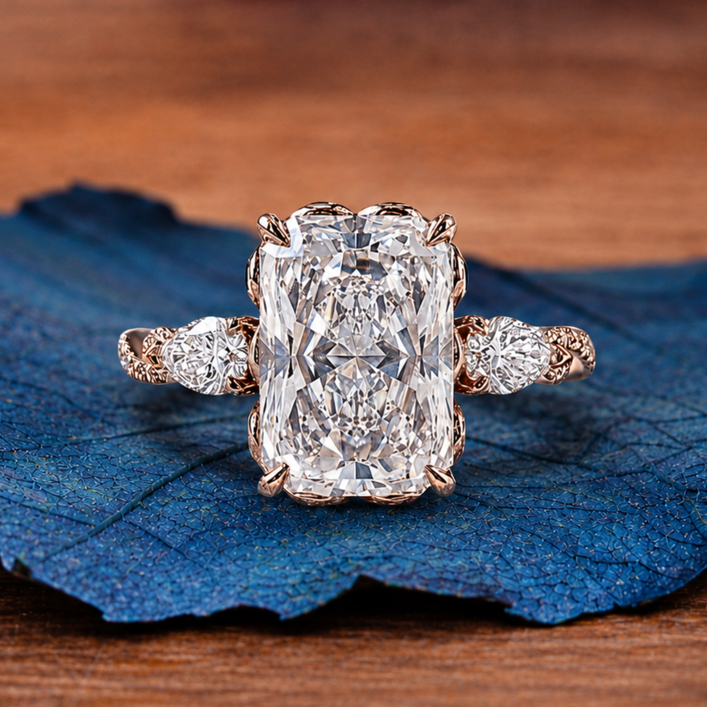 art deco twisted band radiant cut vintage lab grown engagement ring  tulip set wedding nature inspired anniversary ring