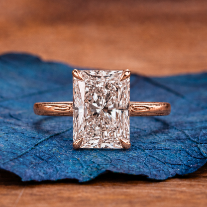 Radiant Cut Moissanite Diamond Solitaire Engagement Ring in Rose Gold