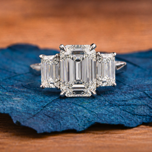 Emerald Cut Three Stone Lab Grown  Engagement Ring Trio Diamond Ring Gold Wedding Ring Past Present Future Ring Anniversary Ring