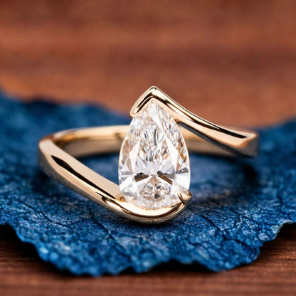 Bypass Pear Lab Diamond Engagement Ring Half Bezel Gold  Anniversary Ring
