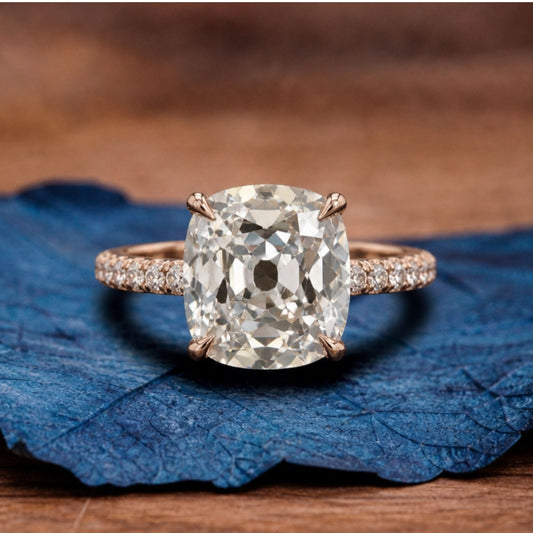Old Mine Elongated Cushion Cut Moissanite Diamond Engagement Ring with Pavé Band in Rose Gold