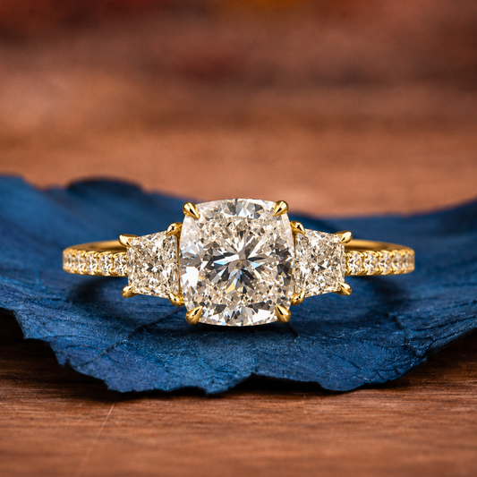 Cushion Three Stone Cut Lab Grown Engagement Ring Hidden Halo Solid Gold Wedding Ring Past Present Future Ring Anniversary Ring