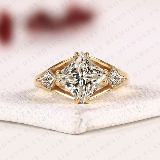 Princess Cut Moissanite Diamond Three Stone Engagement Ring with Kite Side Stones in Gold